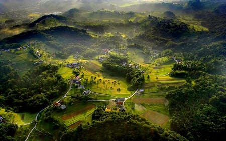 BEAUTIFUL GREEN LAND - trees, fog, land, field, forest, houses, valley, mountain