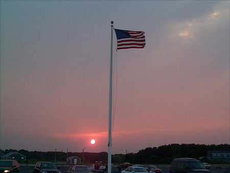 Sunset at Dennis Beach - beach, sky, flag, sunset