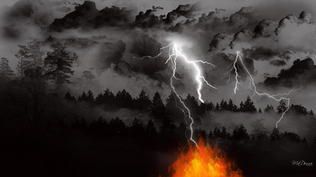 Fire Storm - fires, sky, trees, forest, lightning, firefox persona, cluds, storm