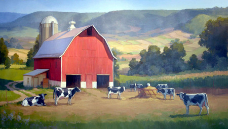 Dairy Farm - fields, cows, hills, red, pasture, barn