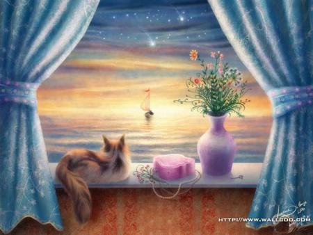 View Through The Window - flowers, vase, sunset, resting, boat, curtains, sill, cat