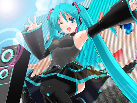 Hatsune Miku - hatsune miku, thigh highs, girl, twintails, blushing, speakers, hatsune, vocaloids, vocaloid, singing, anime, blush, miku, wink, cute