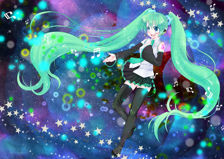 Hatsune Miku - pretty, singing, anime, vocaloid, blue, twintail, hatsune miku, song notes, stars, microphone, shiny, headphones, blue hair, notes, blue eyes, beautiful, colorful, miku, lights, cute, hatsune, headset, vocaloids, song