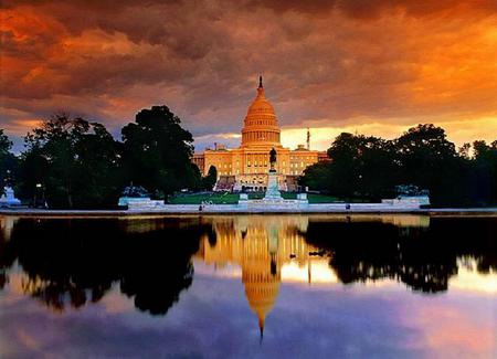 Capitol reflections - capitol, sky, trees, evening, reflection, water, sunset, gold clouds