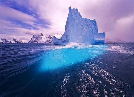 Iceberg blue - reflections, blue, ocean, iceberg, sunset sky