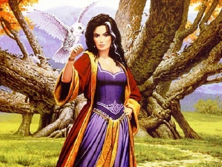 Polgara the Sorceress - woman, tree, owl, fantasy