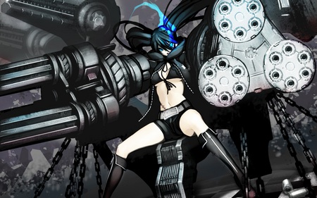 Black Rock Shooter - anime, twintails, awsome, blue, guns, shooter, rock, girl, cool, epic, black, bikini