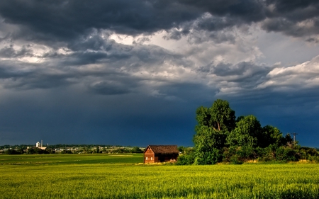 Beautiful - landscape, beautiful, grass, sky, storm, houses, clouds, field, house, trees, nature, green