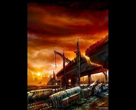 Darktown Train station Concept - cg, train, fantasy, breeze, destruction, 3d, digital art, hd