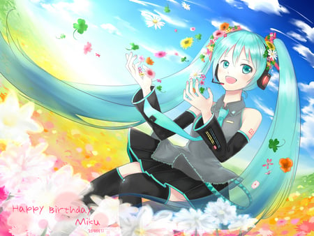 Hatsune Miku - pretty, tie, anime, vocaloid, blue, twintail, meadow, hatsune miku, flowers, headphones, mircophone, blue hair, blue eyes, idol, beautiful, girl, thighhighs, petals, miku, cute, hatsune, headset, vocaloids