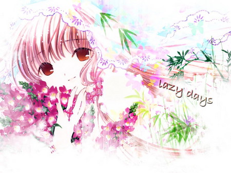 Chii - chii, girl, pink, anime, flowers, chobits