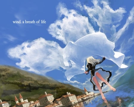 Anime Painting - village, clouds, anime, wind, water, painting, girl, oil