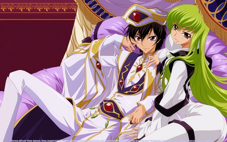 At Your Service your Majesty - cc, couple, anime girl, geass, lamperouge, code, purple, lelouch, anime, emperor, green hair