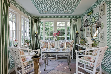 A Sunny Sunporch - sunny, windows, nicnacs, chairs, serene, table, flowers, spring fresh, bright, pictures