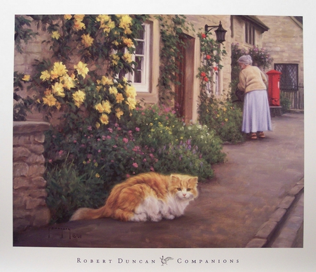 Granny's Cat - flowers, street, pet, granny, loved, orange, cat