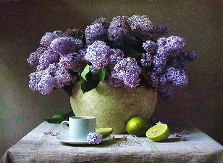 Limes and lilacs - vase, purple, green, table, lilacs, limes, cup