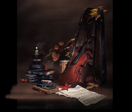 Perfect Table - roses, violin, candle, table, books