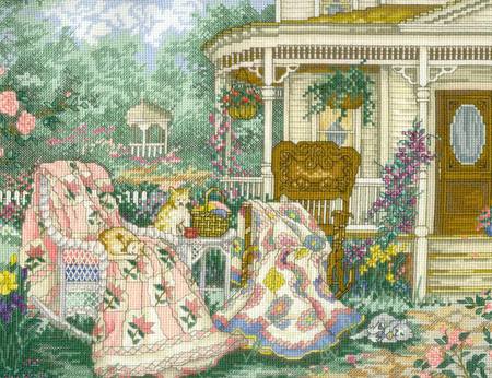 Airing Out The Quilts - wicker chairs, fern, quilts, flowers, porch, gardens, rocking chair, chairs, cats, house, gazebo, trees