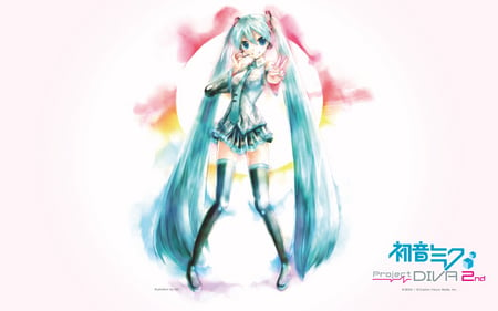 Hatsune Miku - hatsune miku, blue eyes, twintail, thighhighs, colorful, hatsune, vocaloids, blue hair, pretty, microphone, vocaloid, anime, miku, cute