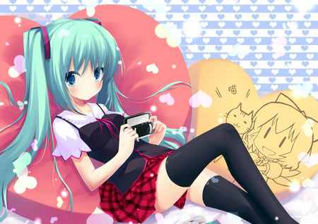 Hatsune Miku - cell phone, heart, thighhighs, twintail, yellow, pretty, phone, anime, heart pillow, miku, cute, hatsune miku, pillow, skirt, blue eyes, vocaloids, blue hair, hatsune, red, vocaloid, blue, texting