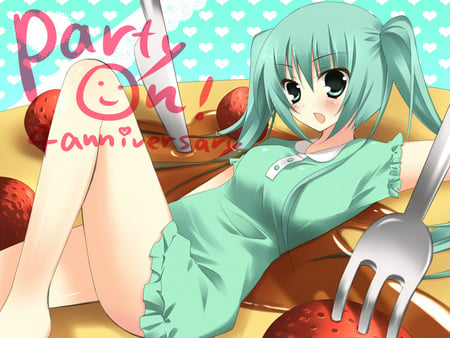 Hatsune Miku - pretty, anime, vocaloid, blue, twintail, hatsune miku, red, blue hair, fork, cake, blue eyes, strawberry, hot, thighhighs, miku, cute, hatsune, sexy, vocaloids