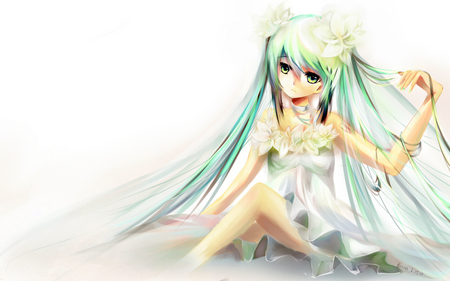 Hatsune Miku - pretty, anime, vocaloid, blue, beautiful, twintail, hatsune miku, green eyes, blue-green, flowers, miku, cute, hatsune, vocaloids, blue-green hair