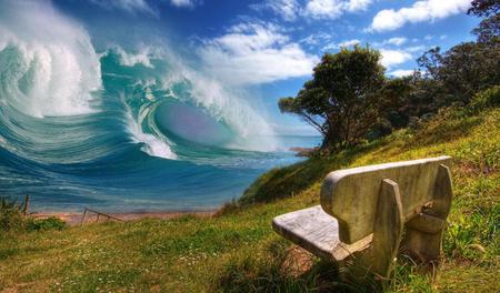 Ocean symphony - sky, ocean, aqua, bench, shore, wave, power, blue, whitecaps