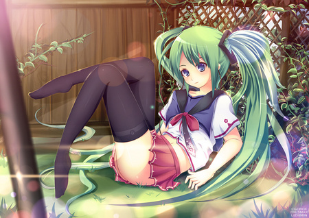 Hatsune Miku - pretty, anime, vocaloid, twintail, hatsune miku, blue-green, uniform, flowers, blue hair, blue eyes, skirt, hot, thighhighs, wooden fence, miku, cute, hatsune, sexy, vocaloids