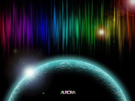 Planet and Aurora - aurora, rainbow, glow, black, planet, blue, colorful