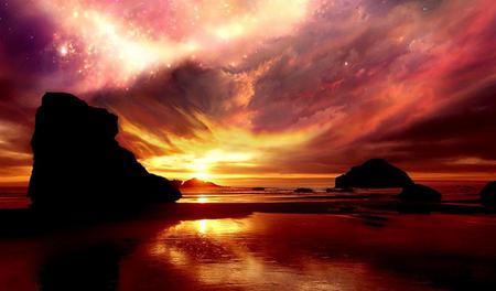 Ecstasy  sky - red, pink, rocks, stars, ocean, sky, clouds, gold, colored, sunset