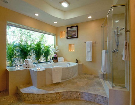 Soak your troubles away - window, bath, shower, luxurious, tiles, tub, fire, lights, plants, candles, towels, glass