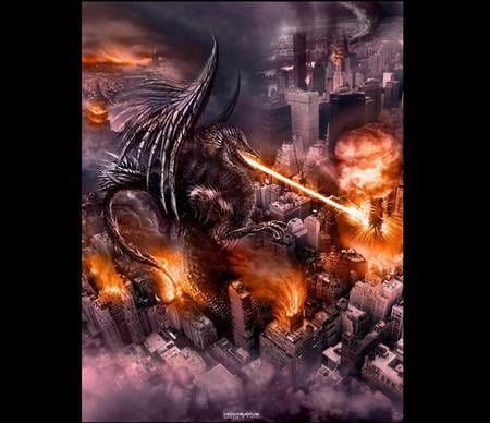 Fantaspoa - attack, fantasy, destruction, dragon, fire, digital art, hd, 3d