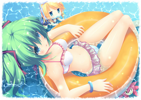 Hatsune Miku & Kagamine Rin - pretty, anime, vocaloid, yellow, blue, twintail, hatsune miku, luka, rin, kagamine rin, bikini, blue hair, chibi, yellow hair, blue eyes, idol, inner tube, water, kagamine, beautiful, snorkel, megurine, miku, megurine luka, cute, hatsune, sexy, vocaloids