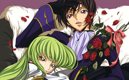 Lelouch and C.C - code, roses, anime, zero, girl, lelouch, green hair, love, flowers, geass, perouge, cute, la, couple