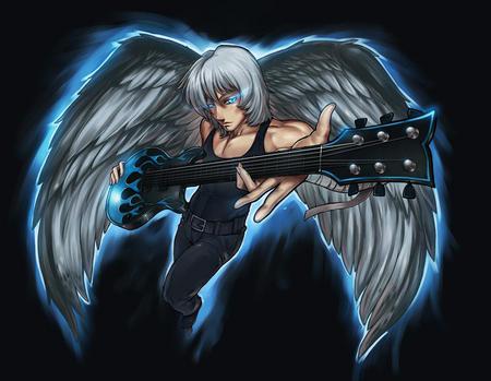 Eternal descent - guitar, black, blue, wings, angel