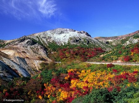 Bandai-Aduma Skyline Japan - autumn, trees, hills, roadway, asian, tourist, nature, colour, snow