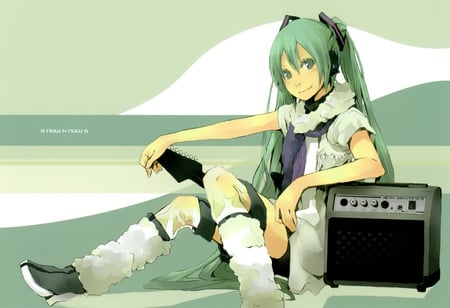 Hatusne Miku - pretty, anime, vocaloid, twintail, hatsune miku, blue-green, guitar, headphones, blue hair, blue eyes, bass, cool, miku, cute, hatsune, headset, vocaloids