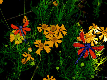 painted daisies - fields, art, painted, flowers, grass, butterflies