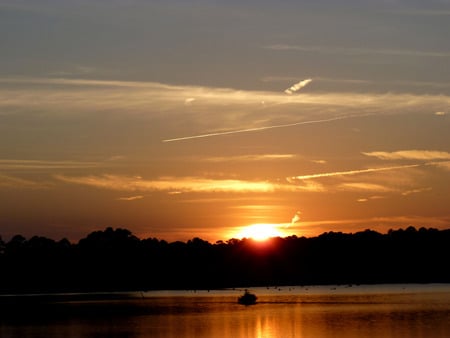 golden sunset over swamp - lake, water, contrails, sunset, golden, swamp