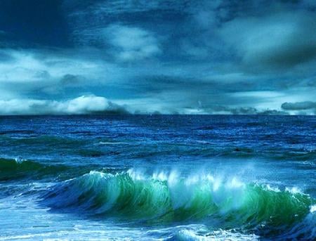 Ocean blue - beach, clouds, blue sky, blue green, foam, waves