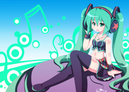 Hatsune Miku - pretty, anime, vocaloid, blue, twintail, hatsune miku, song notes, headphones, notes, beautiful, hot, thighhighs, necklace, miku, cute, hatsune, headset, sexy, vocaloids