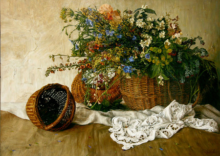 basket - flowers, table, colors, cloth