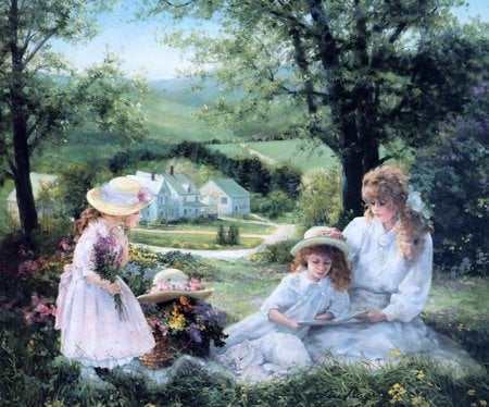 sharing - hat, flowers, girls, house, book, field