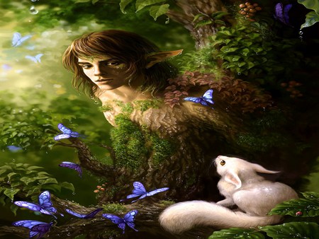 Elf of the forest - elf, boy, fantasy, green, blue butterflies, forest, bunny