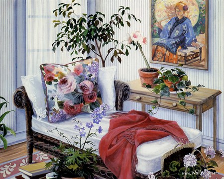 The Chaise - lounger, table, pillows, pictures, parlor, plants, blanket