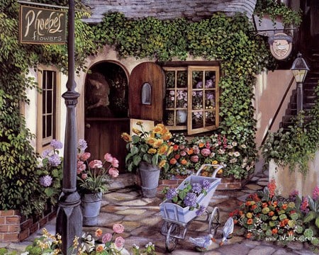 Out Back In Serenity - flowers, house, door, cart, garden, lamps