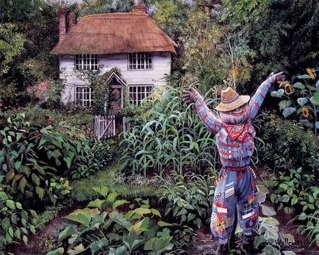 Grandparents House - scarecrow, home, garden, plants, grandparents