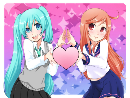 Hatsune Miku & Miki - girls, miku, hatsune, cute, vocaloids, red eyes, heart, uniform, colorful, blue hair, red, pretty, kawaii, vocaloid, anime, twintail, blue, red hair, skirt, tie, blue eyes, miki, hatsune miku