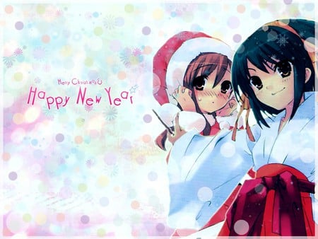 Haruhi and Mikuru - white, new year, girl, anime, haruhi, christmas, mikuru