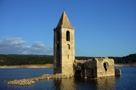 Church in Sau's reservoir - old, barcelona, 11th century, historic, church, ruins, sau reservoir